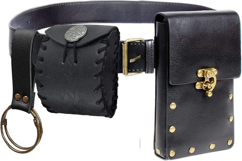 KOTORA Renaissance Belt Pouch Coin Purse Skirt Hike Set Medieval Festival Costume Halloween Accessories Casual Fanny Pack Waist Bag (2Pouch-2Black) - Image 1